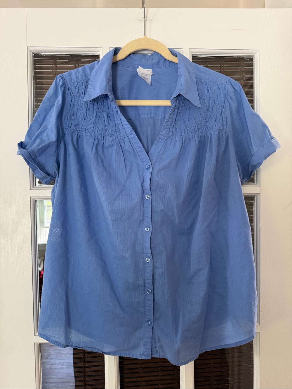 Just My Size Light Blue Button-Up Short Sleeve Blouse
